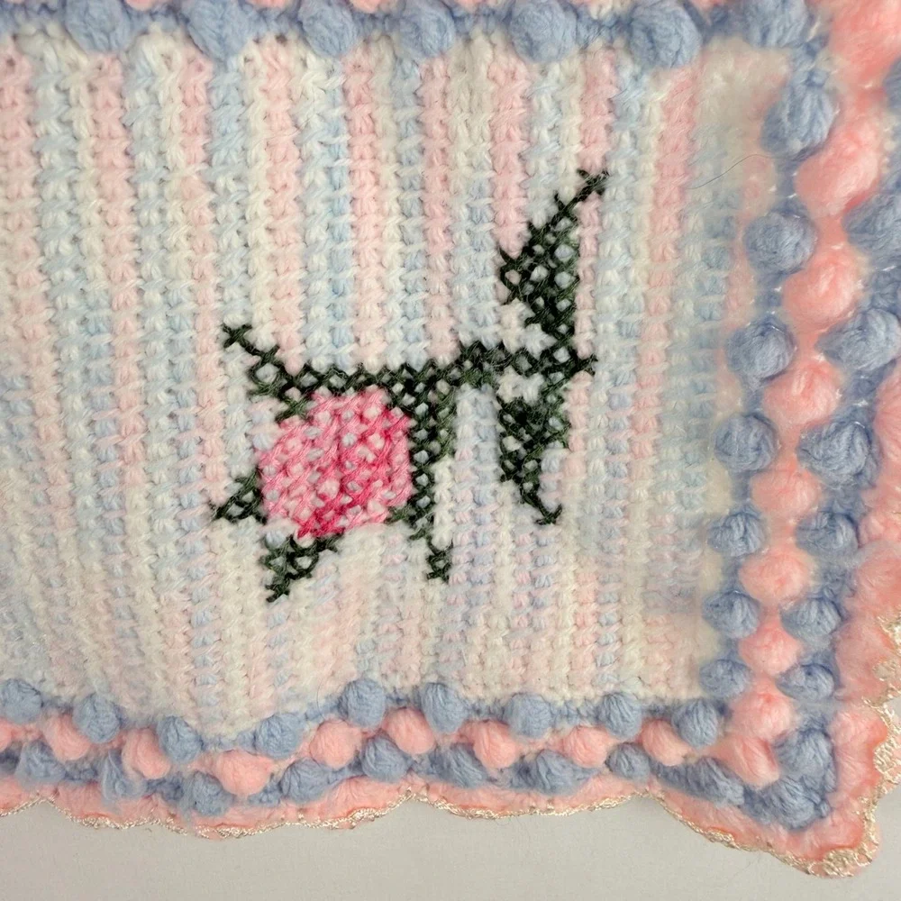 Vintage Handmade Crocheted Baby Blanket White Pink Blue Roses 32x28 Cottagecore - Picture 2 of 6